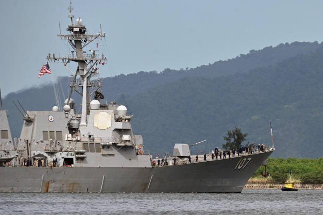 The USS Gravely destroyer prepares to dock for military exercises in Port-of-Spain, Trinidad and Tobago on Sunday.