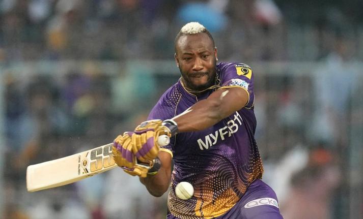 Kolkata Knight Riders’ Andre Russell plays a shot during an Indian Premier League cricket match against Gujarat Titans, in Kolkata, India, on Saturday, April 29, 2023.