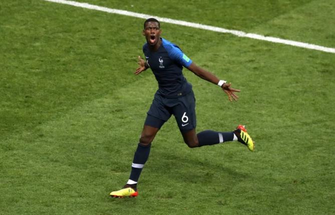 France’s Paul Pogba celebrates after scoring his side’s third goal during the final match between France and Croatia at the 2018  World Cup in the Luzhniki Stadium in Moscow, Russia, on Sunday, July 15, 2018.