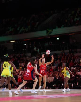 Action between Jamaica’s Sunshine Girls and England’s Roses in the Horizon Vitality Netball series inside the Copper Box Arena on December 13.