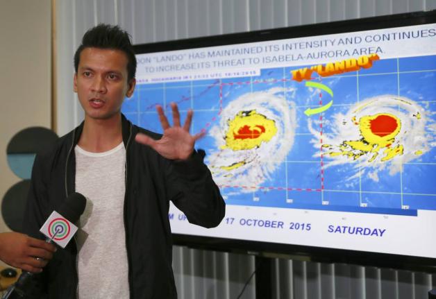 Aldczar Aurelio, a weather bureau forecaster, gesturing during a broadcast as typhoon Koppu approached the Philippines a decade ago. 