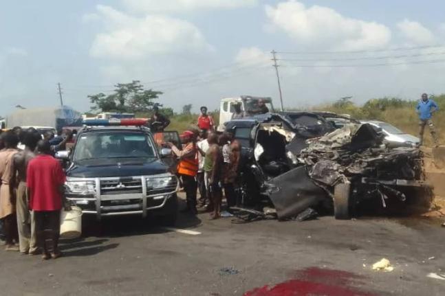 In this photo provided by the Federal Road Safety Corps, people gather at the accident scene of British boxer Anthony Joshua in Lagos, Nigeria, on Monday, December 29, 2025. 