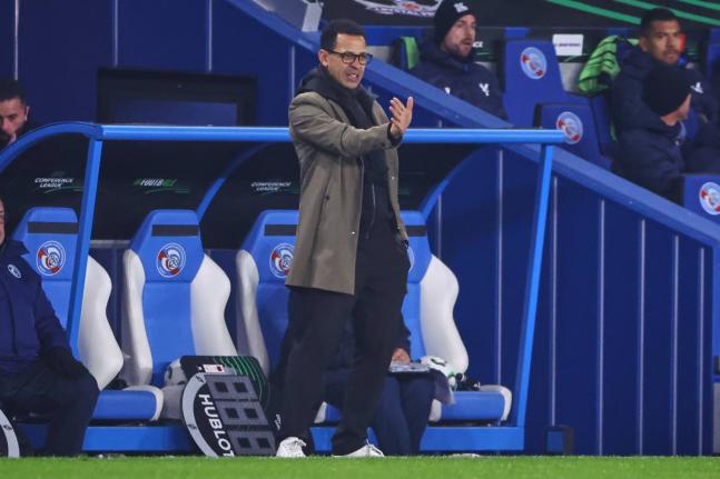Strasbourg’s head coach, Liam Rosenior, gestures from the touchline during a Europa Conference League opening phase football match against Crystal Palace in Strasbourg, France on November 27, 2025. 