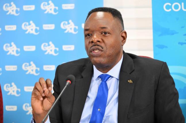 Caribbean Examinations Council (CXC) Registrar and Chief Executive Officer, Dr. Wayne Wesley, addressing a CXC press conference at the Overseas Examinations Commission (OEC) in St Andrew on January 7, 2025.