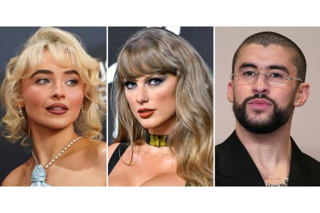 This combination of photos shows Sabrina Carpenter (left), Taylor Swift and Bad Bunny. 