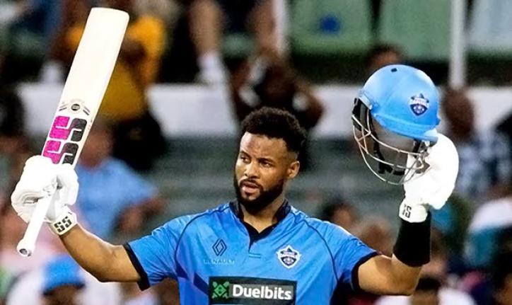  Shai Hope celebrates his match-winning, unbeaten century for the Pretoria Capitals.