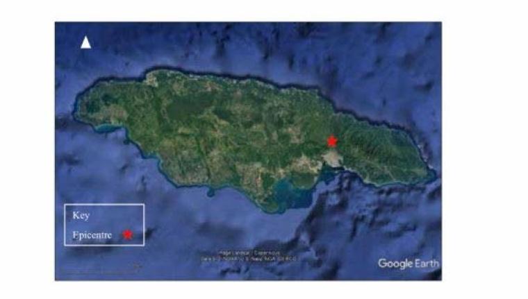 Google Earth image from the Earthquake Unit showing the epicentre of Thursday night’s magnitude-3.1 quake, about five kilometres north of Stony Hill, St Andrew.