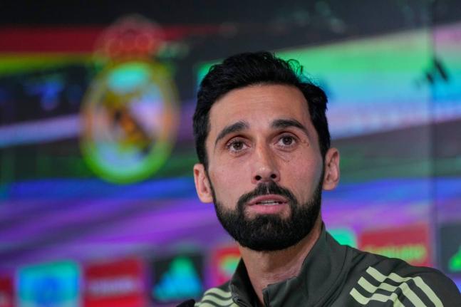 Real Madrid new coach Alvaro Arbeloa attends a press conference at the club’s Valdebebas training ground in Madrid yesterday.