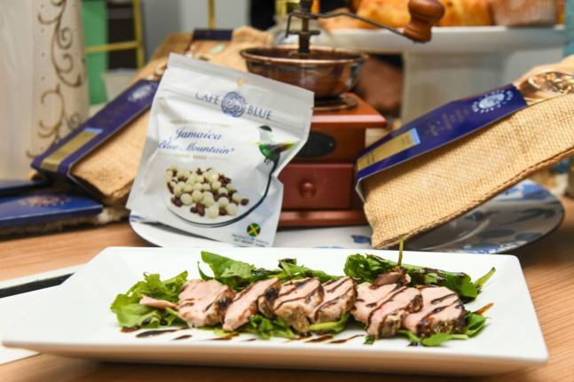 The Blue Mountain Coffee-rubbed pork tenderloin, is also topped with a coffee balsamic glaze.