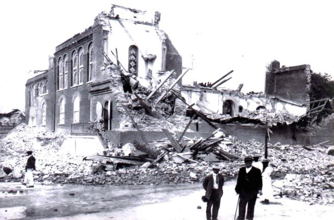 This photo shows ruins of Holy Trinity Cathedral damaged by 1907 Kingston earthquake. 