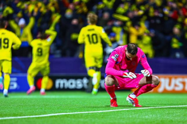 Manchester City goalkeeper Gianluigi Donnarumma looks dejected after letting in a goal during a Champions League football match against Bodo/Glimt in Bodo, Norway, yesterday.