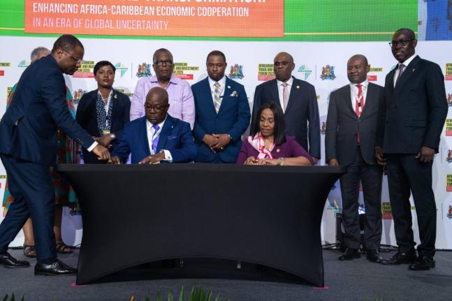 Mrs Kanayo Awani, executive vice-president, intra-African trade & export development, Afreximbank, and  Dominic Sturrup, executive chairman,  Bahamas Striping Group of Companies Ltd (BSGC), during the signing of the financing agreement. Standing (from left