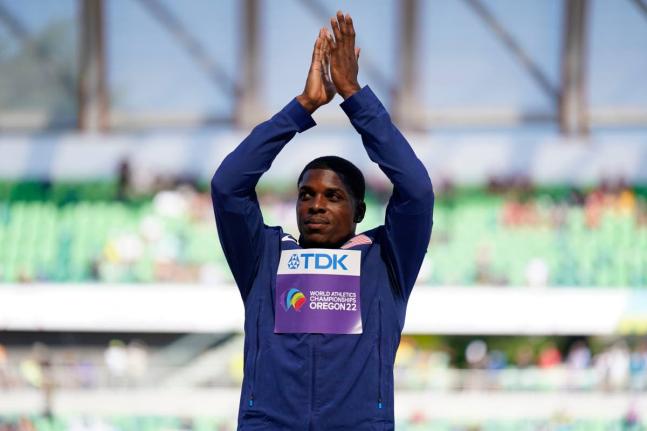 Silver medalist Marvin Bracy-Williams, of the United States, stands on the podium after the final in the men’s 100 metres run at the World Athletics Championships on July 17, 2022, in Eugene, Oregon.