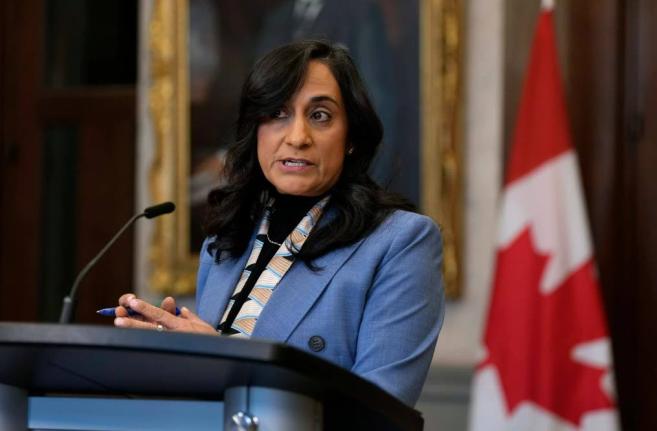 Canada Minister of Foreign Affairs Anita Anand speaks at a news conference regarding the security situation in Mexico, in the Foyer of the House of Commons on Parliament Hill in Ottawa, on Monday, February 23, 2026. 