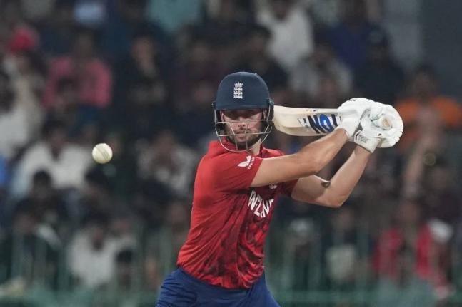 England’s Will Jacks plays a shot during the T20 World Cup cricket match between England and New Zealand in Colombo, Sri Lanka, yesterday.