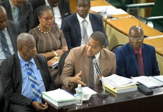 Minister of Agriculture, Fisheries and Mining, Floyd Green, responds to questions during the sitting of the Standing Finance Committee at Gordon House on Friday, March 6. He is flanked by State Minister, Franklin Witter (left) and Permanent Secretary in th