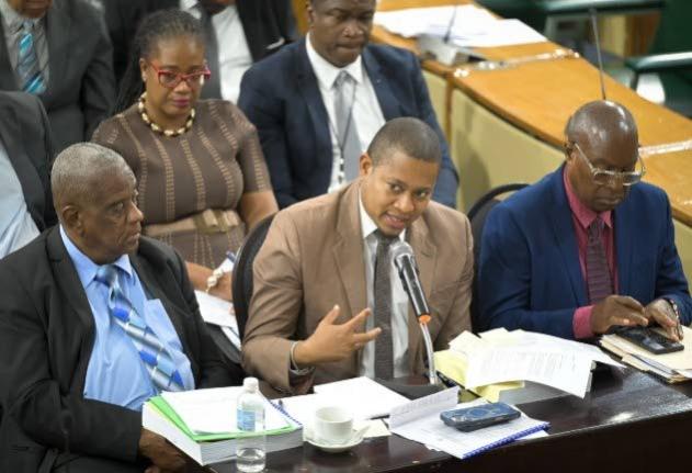 Minister of Agriculture, Fisheries and Mining, Floyd Green, is flanked by State Minister, Franklin Witte,r (left) and Permanent Secretary, Dermon Spence (right), as he addresses the sitting of the Standing Finance Committee on March 6 at Gordon House. 