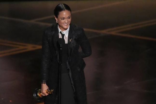 Autumn Durald Arkapaw accepts the award for cinematography for ‘Sinners’ during the Oscars on Sunday.