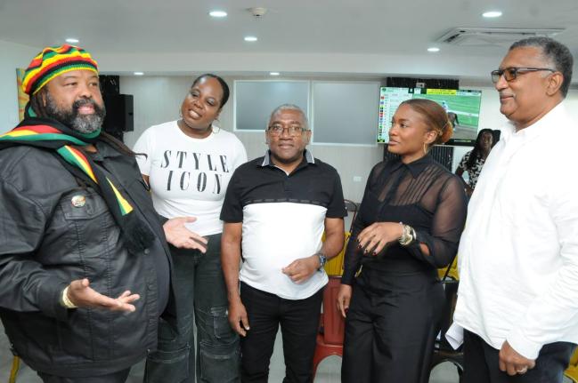 Solomon Sharpe (left), executive chairman of Supreme Ventures Racing and Entertainment Limited, addresses stakeholders and media personnel during the official press launch of the fifth running of the Mouttet Mile at Caymanas Park on Saturday.