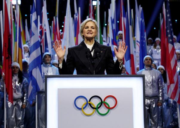 IOC President Kirsty Coventry speaks during the Olympic opening ceremony at the 2026 Winter Olympics, in Milan, Italy, Friday, February 6, 2026. (Yves Herman/Pool Photo via AP, File)