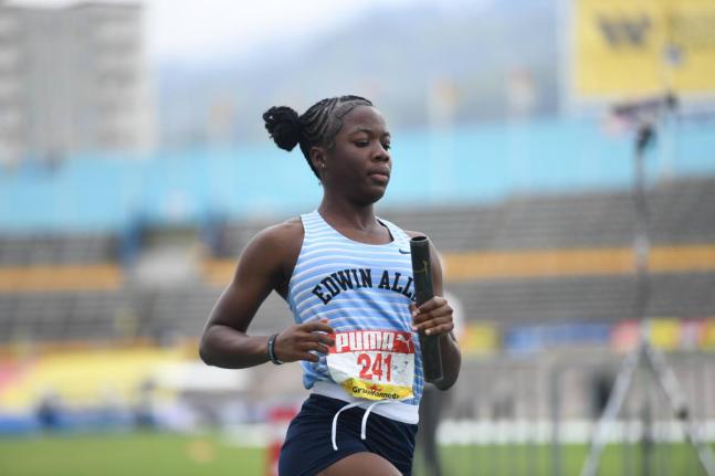 Team Edwin Allen in the girls Class One 4x100m at Champs 2026.
