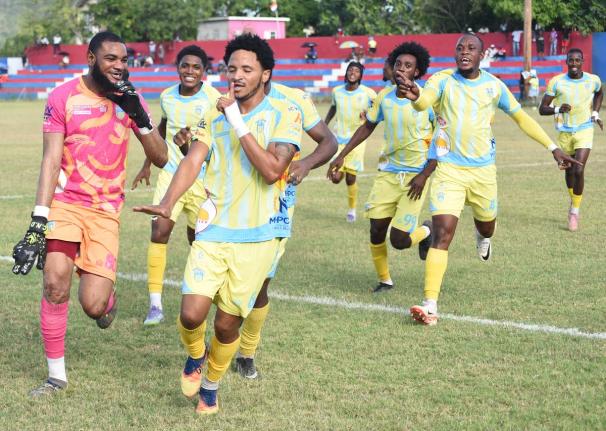 Waterhouse players in a celebratory ood during a Jamaica Premier League encounter against Portmore United at Ferdi Neita Park recently.