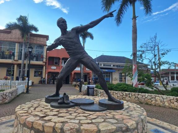 The statue of of retired track and field superstar Usain Bolt in Water Square in Falmouth, Trelawny.