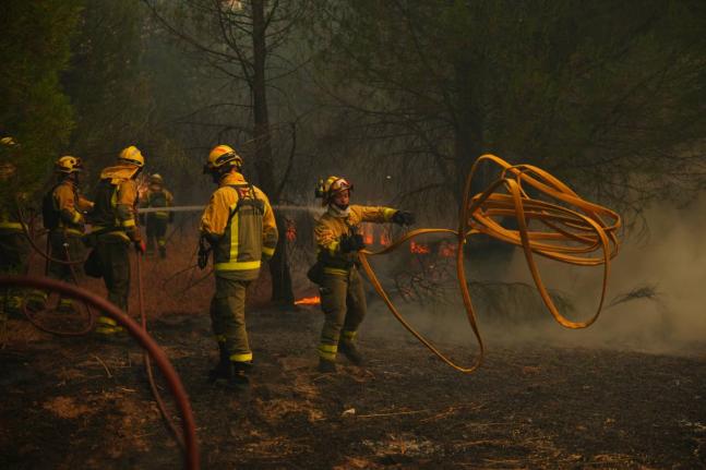 Firefighters from Paris battle a wildfire near Marcheprime, outside, Bordeaux, France.