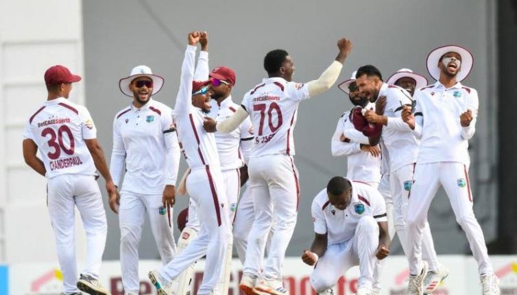 
West Indies celebrate winning the first Test against Pakistan at the Brian Lara Cricket Academy in Tarouba, Trinidad. 