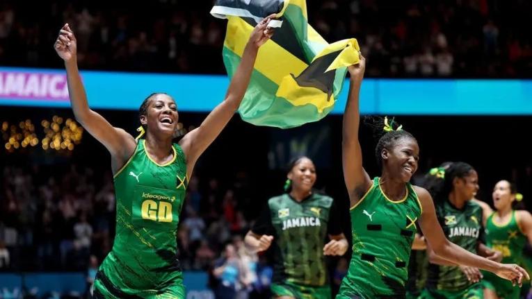 
Sunshine Girls Latanya Wilson (left) and Shanice Beckford celebrate victory over Australia in the semi-finals of the netball competition at the Commonwealth Games in Glasgow, Scotland, yesterday.  