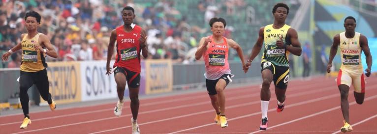 From left: Malaysia’s Danish Iftikhar Muhammad Roslee, Switzerland’s Akira Eghagha, Japan’s Kai Sugano, Jamaica’s Gary Card, and Guyana’s Onesi Dunn compete in a 100-metre semi-final at the World Athletics Under-20 Championships in Eugene, Oregon