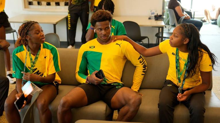 Courtesy of World Athletics 
From left: Jamaica’s Natrece East, Gary Card and Shanoya Douglas in New Residence Hall during the World Athletics Under-20 Championships in Eugene, Oregon.The three are expected to e part of 4x100m events on today’s final d