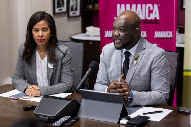 Chairman of JAPEX 2026, Nicola Madden-Greig (left), and President of the Jamaica Hotel and Tourist Association (JHTA), O'Brian Heron, at the launch of JAPEX 2026 at the Jamaica Tourist Board offices in Kingston on Monday. – Contributed photo