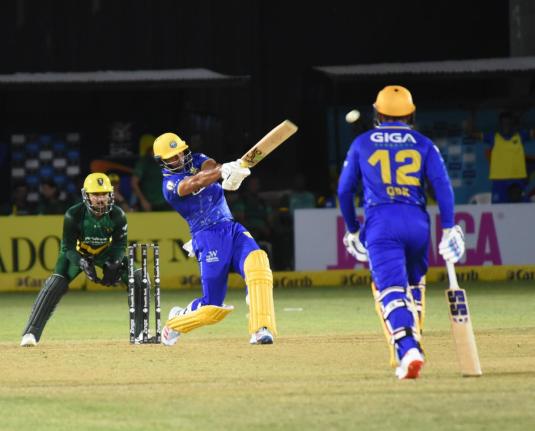 Barbados Pride's Brandon King (centre) swings to leg during his innings of 76 against the Jamaica Kingsmen in their Republic Bank Caribbean Premier League game at Sabina Park earlier tonight. The Tridents won by five runs.