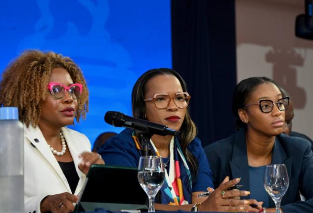 From left: Dr Dana Morris-Dixon, minister of education, skills, youth and information; Kasan Troupe, permanent secretary in the Ministry of Education, and Rhoda Moy Crawford, minister of state in the Ministry of Education, on the panel at the third and fin