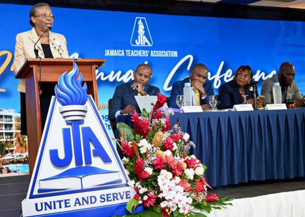 Helene Coley Nicholson addresses the Jamaica Teachers’ Association delegation during her keynote address at the association’s 62nd Annual Conference at Ocean Coral Spring in Trelawny.