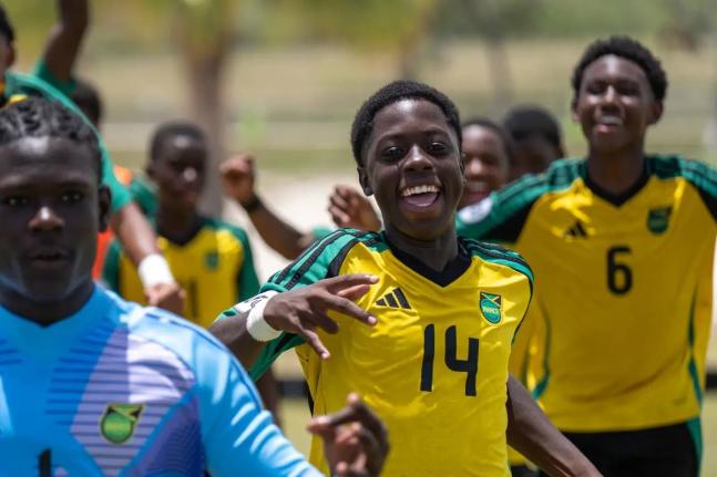 Courtesy of CFU 
Jamaica’s under-14 players celebrate a goal during the semi-final of the CFU Under-14 Challenge in the Dominican Republic on Friday.
