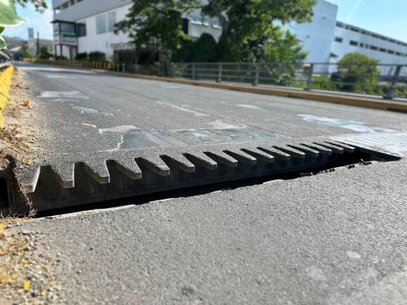A hole in a section of the Howard Cooke Boulevard bridge in Montego Bay, St James, where an expansion joint was recently damaged. The bridge has had to be repaired three separate times since 2020.