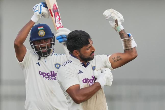India’s Dhruv Jurel celebrates his century as batting partner India’s Mohammed Siraj, left, watches during day two of the second cricket Test match between Sri Lanka and India in Colombo, Sri Lanka, Monday, August 24, 2026.