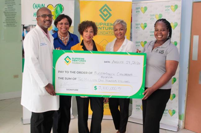 From left: Dr Sherard Little, thoracic and cardiovascular surgeon; Nola Phillpotts Brown, general manager; Diane Edwards, board chair; and Karen Daley, programme coordinator, all of Chain of Hope Jamaica, accept a cheque for $2.1 million from Chloleen Dale