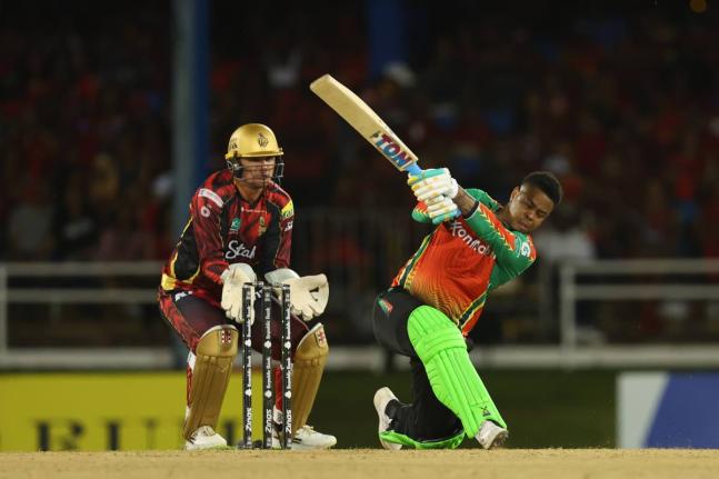 Shimron Hetmyer swings for the fences during a Republic Bank Caribbean Premier League game against the Trinbago Knight Riders at thee Queen’s Park Oval on Monday.  