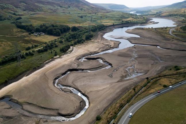 Woodhead reservoir is visible amid a drought near Manchester, England, August 13.