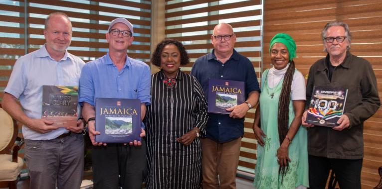  James Norton, assistant producer; David Gross, executive producer; Minister of Culture, Gender, Entertainment and Sport, Olivia Grange; Adam Low, film director; Barbara Blake-Hannah, cultural liaison; and Martin Rosenbaum, producer, are all smiles after t