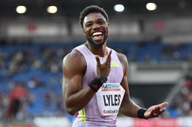 Noah Lyles of the United States celebrates after winning the men’s 150 metres event at the Golden Spike athletics meeting in Ostrava, Czech Republic on Tuesday, June 16.