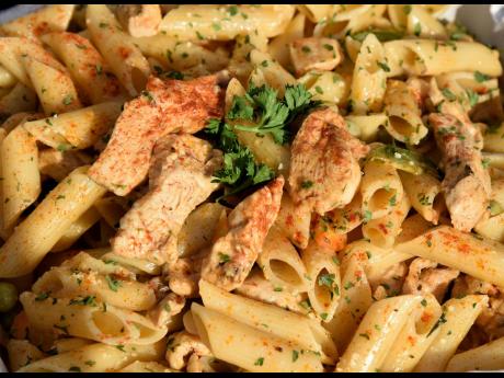 Pasta lovers will enjoy the spicy chicken penne Alfredo. 