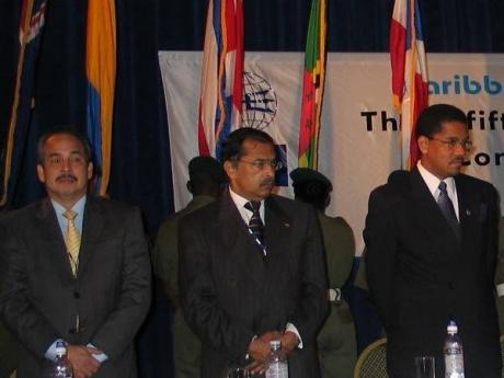 A Caribbean man: Harry Maragh (centre) served as a council member of the Caribbean Shipping Association (CSA). Here, he is pictured at the opening ceremony of a recent meeting of the CSA with Grantley Stephenson (right), deputy chairman of Kingston Wharves