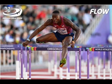 Credit: Gladstone Taylor The United States' Grant Holloway clears a hurdle on his way to a gold medal in the men's 110-metre hurdle at the World Athletics Championships in Eugene, Oregon.