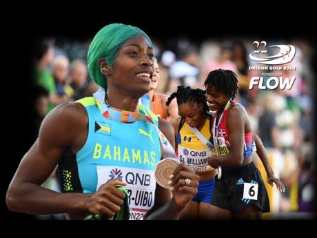 From left: The Bahamas' Shaunae Miller-Uibo, Barbados' Sada Williams, and The Dominican Republic's Marileidy Paulino celebrate winning gold, silver and bronze respectively in the women's 400 metres on day eight of the World Athletics Championships at Haywa