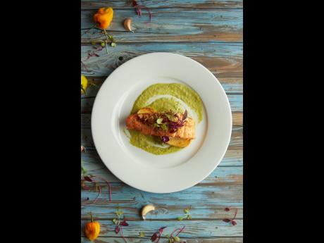 Ricardo Hepkins’ semi-final dish comprised of roasted broccoli puree, fondant potatoes, roasted salmon with spinach and sundried tomato stuffing.