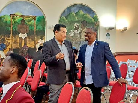 Dr Patrick Prendergast (right), the campus director at The University of the West Indies [UWI] Western Jamaica Campus, chats with Homer Davis, state minister in the Office of the Prime Minister West and member of parliament for St James Southern, prior to 